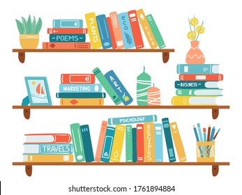 Interior bookshelves. Books at bookshelf, textbooks pile, school education or bookstore shelf, library bookcase isolated vector illustration set. School archive and bookshop, bookcase and bookshelf