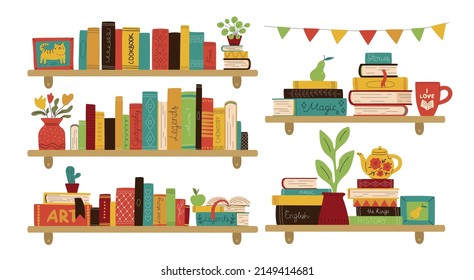 Interior bookshelves. Home library. Color rows and stacks with different titles. Poetry, prose and novels. Room walls details. Dictionaries and textbooks. Vector