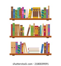 Interior bookshelves with multicolored books spines. Pile books on shelf with books of library or bookstore. Stack dictionary for education. Knowledge, studying and learning. Vector illustration