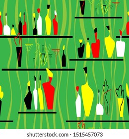 Interior bottle cololrful vector illustration. Bar scene. Seamless pattern