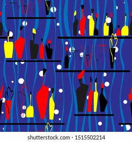 Interior bottle cololrful vector illustration. Bar scene. Seamless pattern