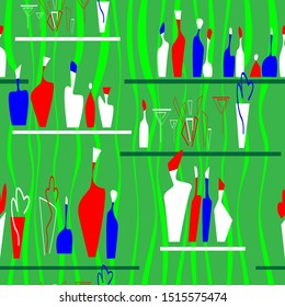 Interior bottle cololrful vector illustration. Bar scene. Seamless pattern