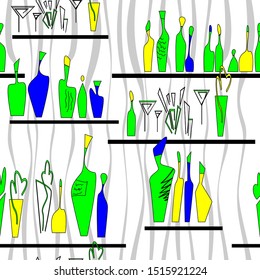Interior bottle cololrful vector illustration. Bar scene. Seamless pattern