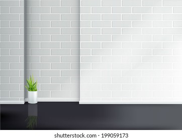 interior brick wall with white vases
