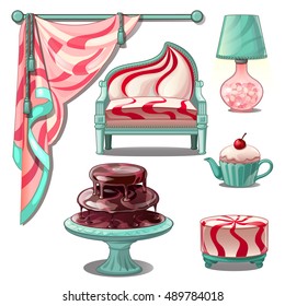 Interior and bright furniture in style sweets and confectionery. Vector illustration.
