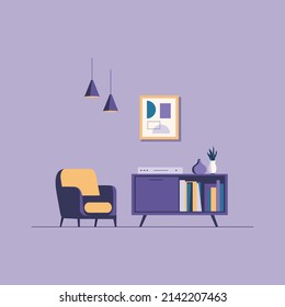 Interior of a bright living room with armchair, desk, lamp, painting, on purple background.