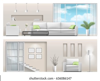 Interior of a bright living room with big window, stairs and furniture. Detailed vector illustration in a realistic style. Orthogonal projection. Panoramic view.
