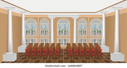 interior of a bright living room or concert hall with chairs and large windows