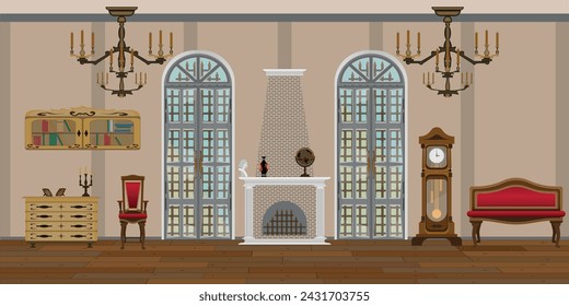 interior of a bright living room with a fireplace and large windows
