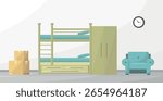 Interior with a bunk bed, armchair and boxes. Moving or moving in. Dormitory, hostel.