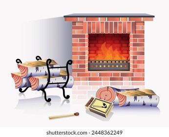 Interior. Burning fireplace with firewood and fireplace elements. Vector realistic illustration