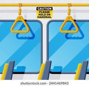 Interior of bus salon. Public city transport. Empty lounge inside modern bus. Seats, windows and handrail. Handles for safety transportations of passengers. Cartoon flat vector illustration