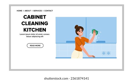 interior cabinet cleaning kitchen vector. housekeeping service, housework housewife, indoors young interior cabinet cleaning kitchen web flat cartoon illustration