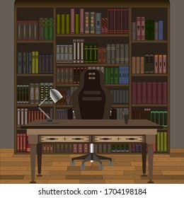Interior of a cabinet with a library in the background. Office interior