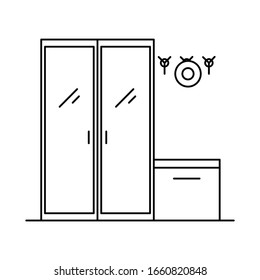 Interior with cabinet, mirror, shelf. Vector Interior with cabinet, mirror, shelf in outline style isolated on white background. Element for web, game and advertising