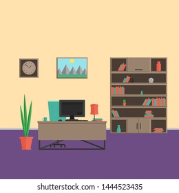 Interior cabinet in modern style. A complete set of furniture and decorations for the cabinet Vector flat illustration.