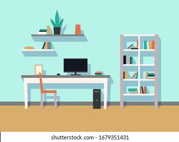 interior cabinet work space room computer desk chair bookcase bookshelf plant vector illustration