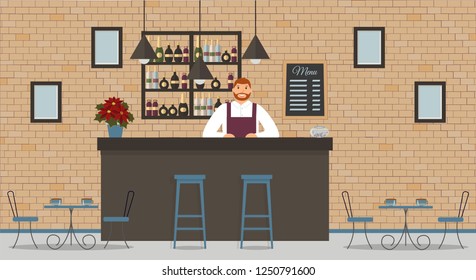 Interior of cafe or bar in loft style. Bar counter, bartender in white shirt and apron, tables, poinsettia,different chairs and shelves with bottles of alcohol. Board with menu and photos. Vector flat