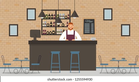 Interior of cafe or bar in loft style. Bar counter, bartender in white shirt and apron, tables, monitor,different chairs and shelves with bottles of alcohol. Board with menu and photos. Vector flat