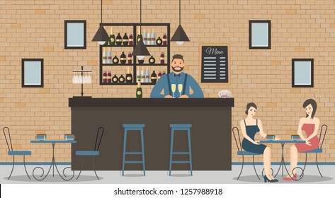 Interior of cafe or bar in loft style. Bar counter, bartender in blue shirt with glasses of champagne,beautiful women and shelves with bottles of alcohol.Board with menu and photos.Vector