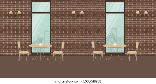 Interior of a cafe with beige furniture on a brick wall background. There are two tables and chairs in the image. There are also lamps on the wall here. Vector illustration