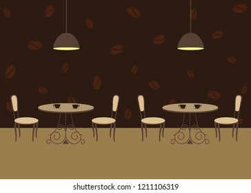 Interior of a cafe with beige furniture on coffee beans wallpaper background. There are two tables and chairs in the image. There are also lamps here. Vector illustration