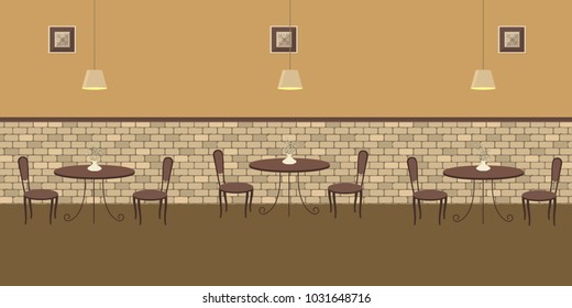 Interior of a cafe with brown furniture on a brick wall background. There are three tables and chairs in the image. There are also pictures in the frames on the wall and lamps here. Vector 