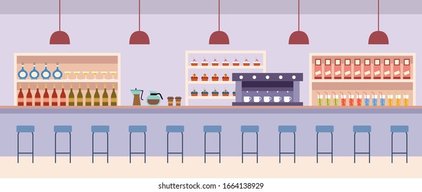 Interior of cafe. Cafeteria. Bar counter with drinks. Coffee machine. Vector flat illustration
