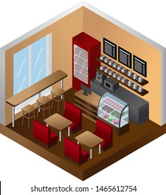 the interior of a cafe or coffee shop in the style of isometry