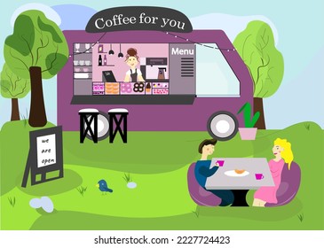 interior cafe design. vextor illudtration of food truck with visitors. People in cafe. Autobus and nature