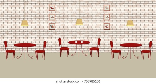 Interior of a cafe with red furniture on a brick wall background. There are three tables and chairs in the image. There are also pictures in the frames on the wall and lamps here. Vector illustration