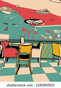 The interior of the cafe, stylized as a linocut. Vector illustration