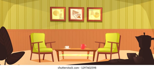 The interior of the cafeteria room. Retro design of the armchair and coffee table with mugs. Wooden furniture in a cafe. Vector cartoon illustration