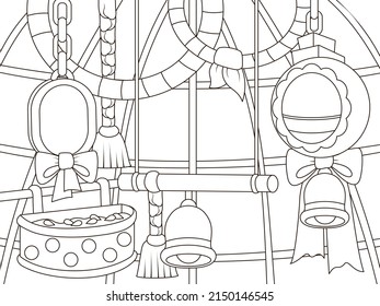Interior of a cage for a poultry, a pet. Goods in a pet store. Childrens coloring, black lines, white background.