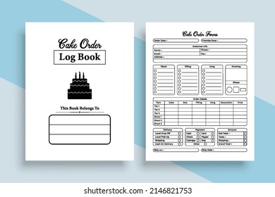 Interior of a cake order journal. Daily cake order information and ingredients notebook template. Interior of a log book. Cake-making business order tracker and customer information checker.