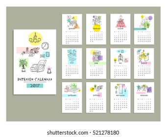 Calendario interior de 2017. Doodle conjunto de diferentes interiores dibujado a mano boceto, Ilustración vectorial. Aislado