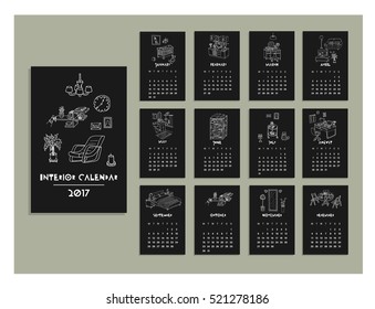 Interior calendar of 2017. Doodle set of different interior hand drawn sketch, vector illustration. Isolated