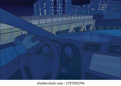 El interior de un coche con la ciudad y un puente al fondo.