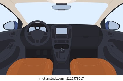 Interior of the car from the middle. Modern comfortable car interior with dashboard and driver seats. Vector illustration