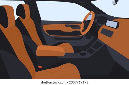 Interior del auto desde el medio. Moderno y cómodo interior de coche con tablero y asientos para conductores. Ilustración del vector