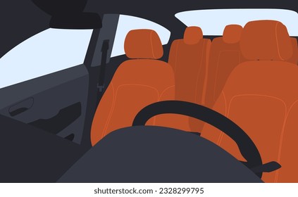 Interior of the car from the middle. Modern comfortable car interior with dashboard and driver seats. Vector illustration