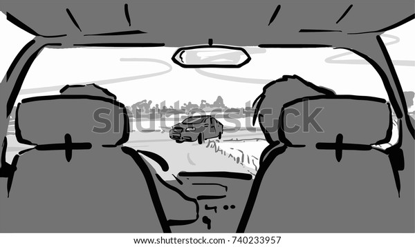 Interior of the car. Two men are driving in the car,\
view from rear-seat of a car. The driver and the passenger in the\
car. Black and white vector sketch. Simple drawing at white\
background. 
