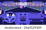 Interior car view driving through pine forest at dusk flat illustration background. Auto dashboard, steering wheel, rearview mirror hanging charms 2D cartoon backdrop. Colorful scene vector art image