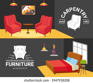 Interior carpentry furniture in house design set, vector illustration. Living room with table, sofa, armchair elements. Wood construction for decoration