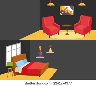 Interior carpentry furniture in house design set, vector illustration. Living room with table, sofa, armchair elements. Wood construction for decoration