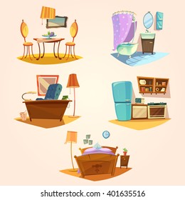 Interior cartoon retro set with vintage furniture isolated vector illustration