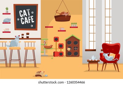 Interior cat cafe. Cozy place with coffee and many cats in armchairs and houses with set of accessories, stuff.Spacious room with large windows and text on blackboard. Flat cartoon vector illustration