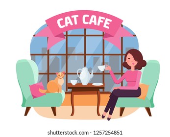 Interior of cat cafe with large window, woman and Kitty in comfortable armchairs. Girl and cat Tea party. Spending time with pet. Arcuate Ribbon with Text. Flat cartoon vector illustration pink colors