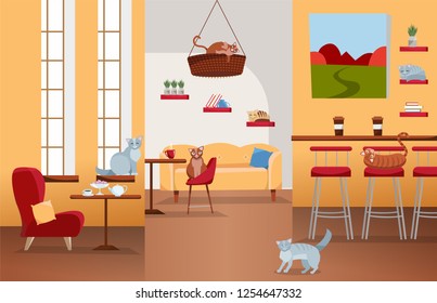 Interior of cat cafe with large windows, comfortable red sofas, tables with tea and coffee. Many cats on furniture and cat house with color scratching rope. Flat cartoon style vector illustration