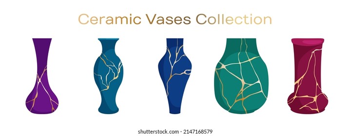 Interior ceramic vases vector collection. Pottery ceramic vases for flower ikebana with gold line kintsugi patterns. Room decor pottery. Various clay pots illustration set.